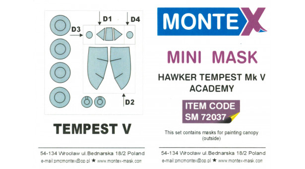 Маски для Tempest Mk. V Hawker (ACADEMY) - 1/72 MONTEX SM72037. Набор афтермаркета.