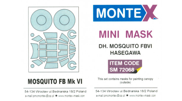 Маски для Mosquito B Mk. IV De Havilland, Tsetse (HASEGAWA) - 1/72 MONTEX SM72068. Набор афтермаркета.